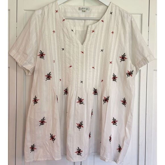 Orvis white cotton pleated embroidered floral blouse XL - Picture 3 of 10